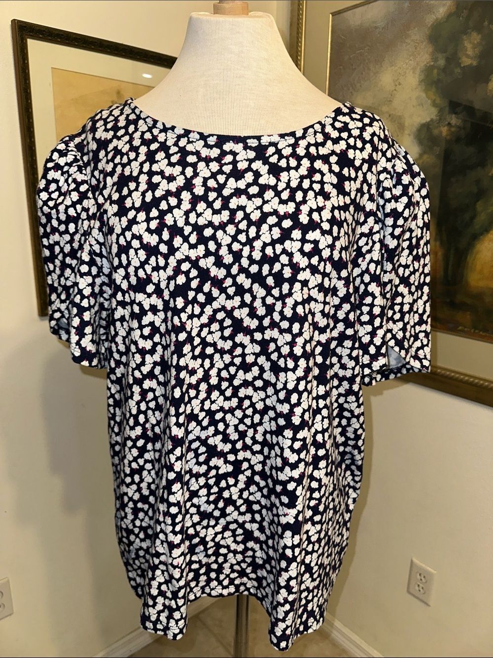 Charter Club Navy Floral Puff Sleeve Top w/Pink & White Accents Size XL